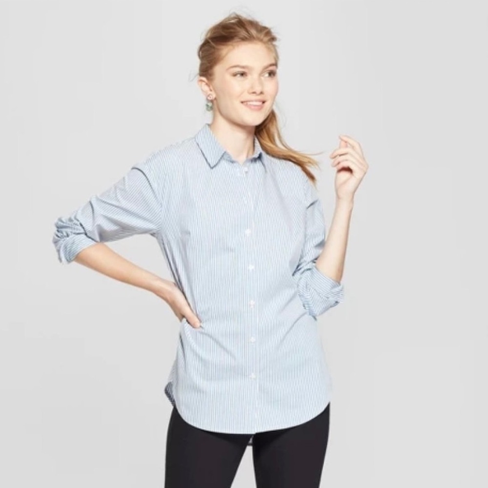 Women’s Striped Long Sleeve Blue & White Cotton Shirt - Picture 2 of 6